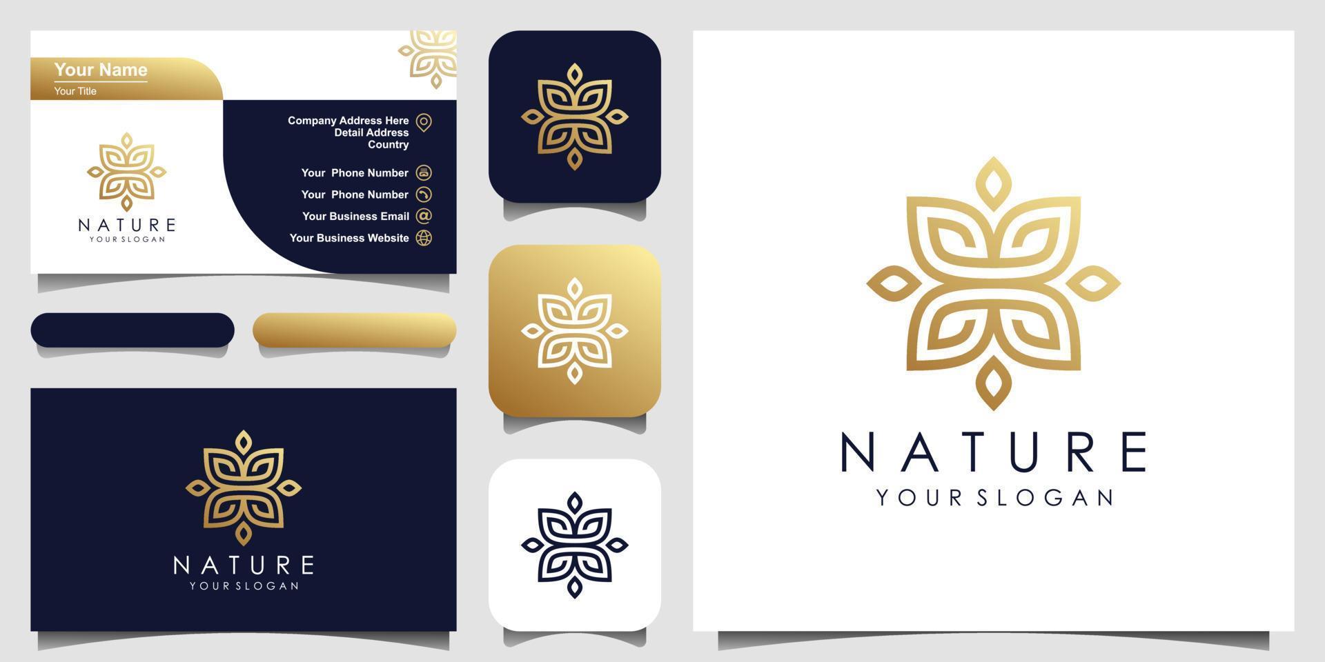 Goldenes, minimalistisches, elegantes Blatt- und Blumenrosen-Logo-Design für Schönheit, Kosmetik, Yoga und Spa. Logodesign und Visitenkarte vektor