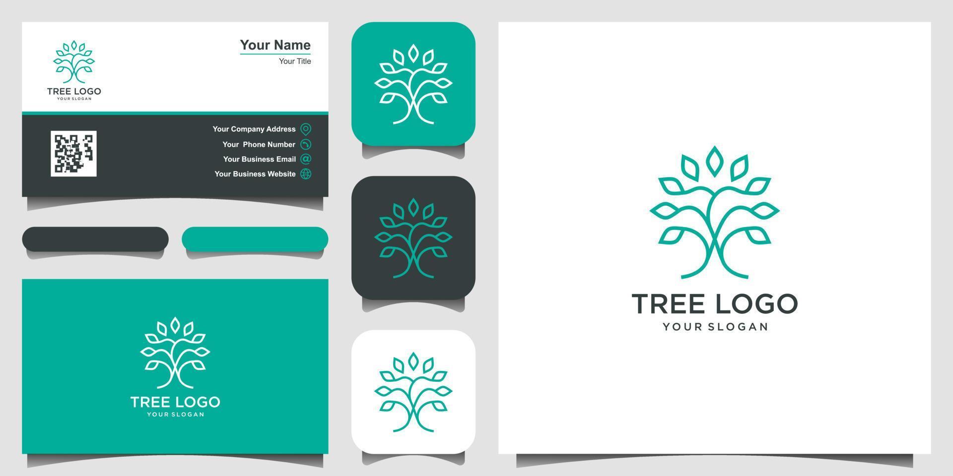 träd vektor ikon med linjekonst stil logotyp designelement. grön trädgård vektor logotyp mall och visitkort design