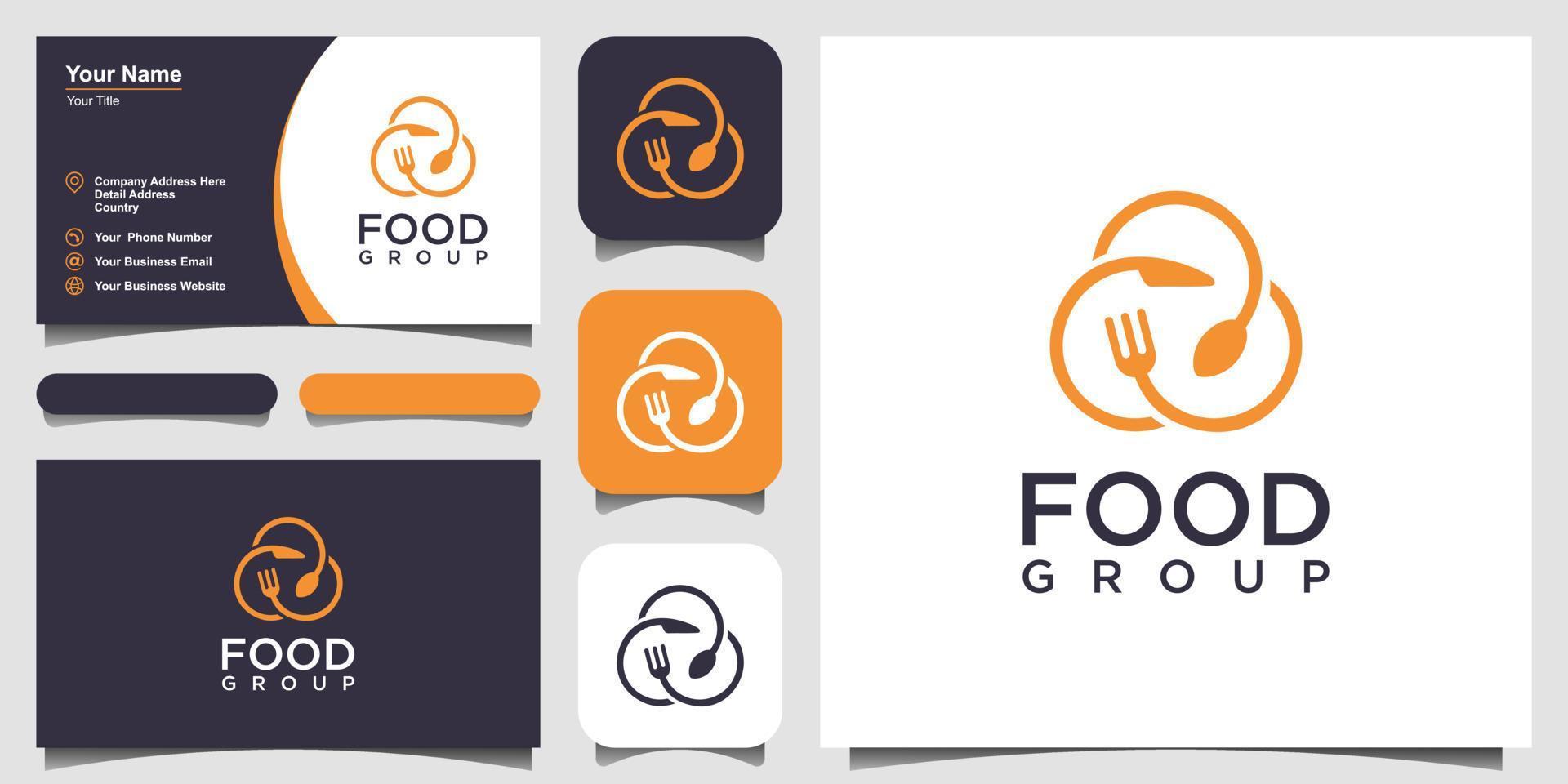 Food-Logo-Design mit dem Konzept eines Pin-Symbols kombiniert mit einer Gabel, einem Messer und einem Löffel. Visitenkarten-Design vektor
