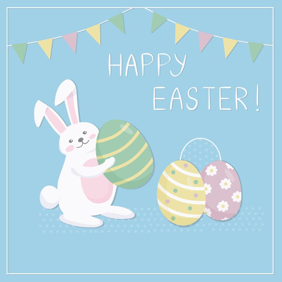 Ostergrußkarte. süßes weißes kaninchen mit einem farbigen ei auf blauem hintergrund. Symbole des Urlaubs vektor