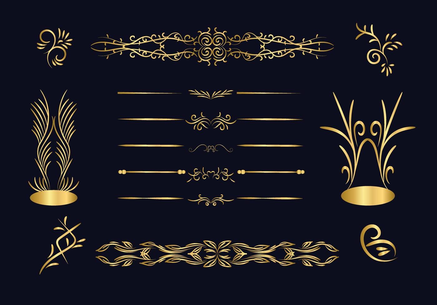 gyllene avdelare set. dekorativa dekorativa element. vektor utsmyckade element design. guldet frodas. dekorativ kalligrafisk avdelare och kant för vinjett scrapbook prydnad.