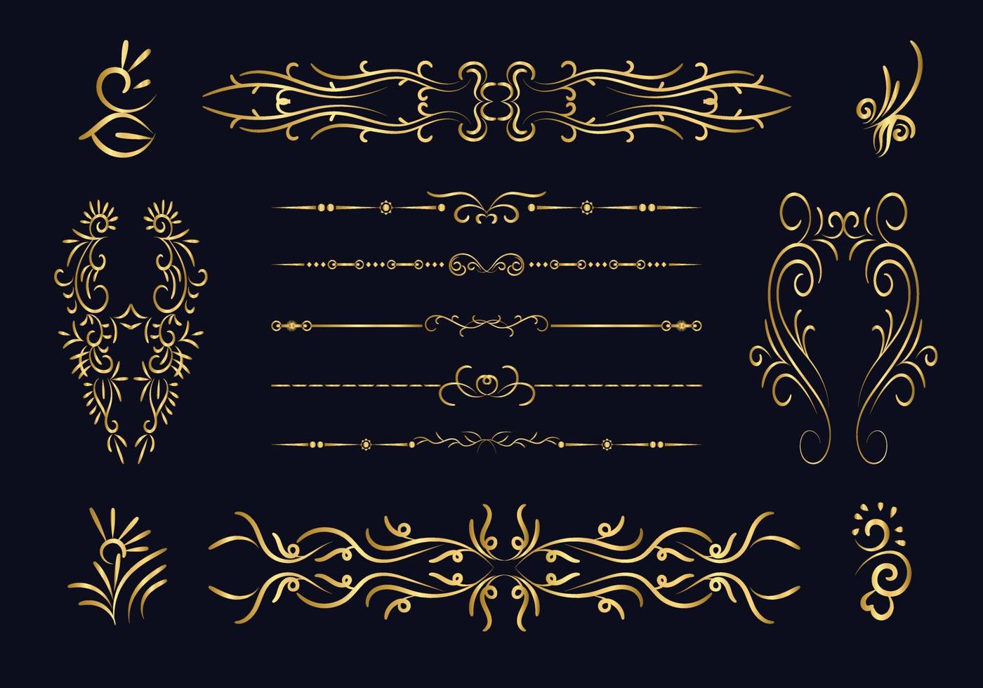 Goldene Teiler gesetzt. dekorative dekorative Elemente. Vektorverziertes Elementdesign. Gold blüht. dekorativer kalligraphischer trenner und rand für vignetten-einklebebuch-ornament. vektor