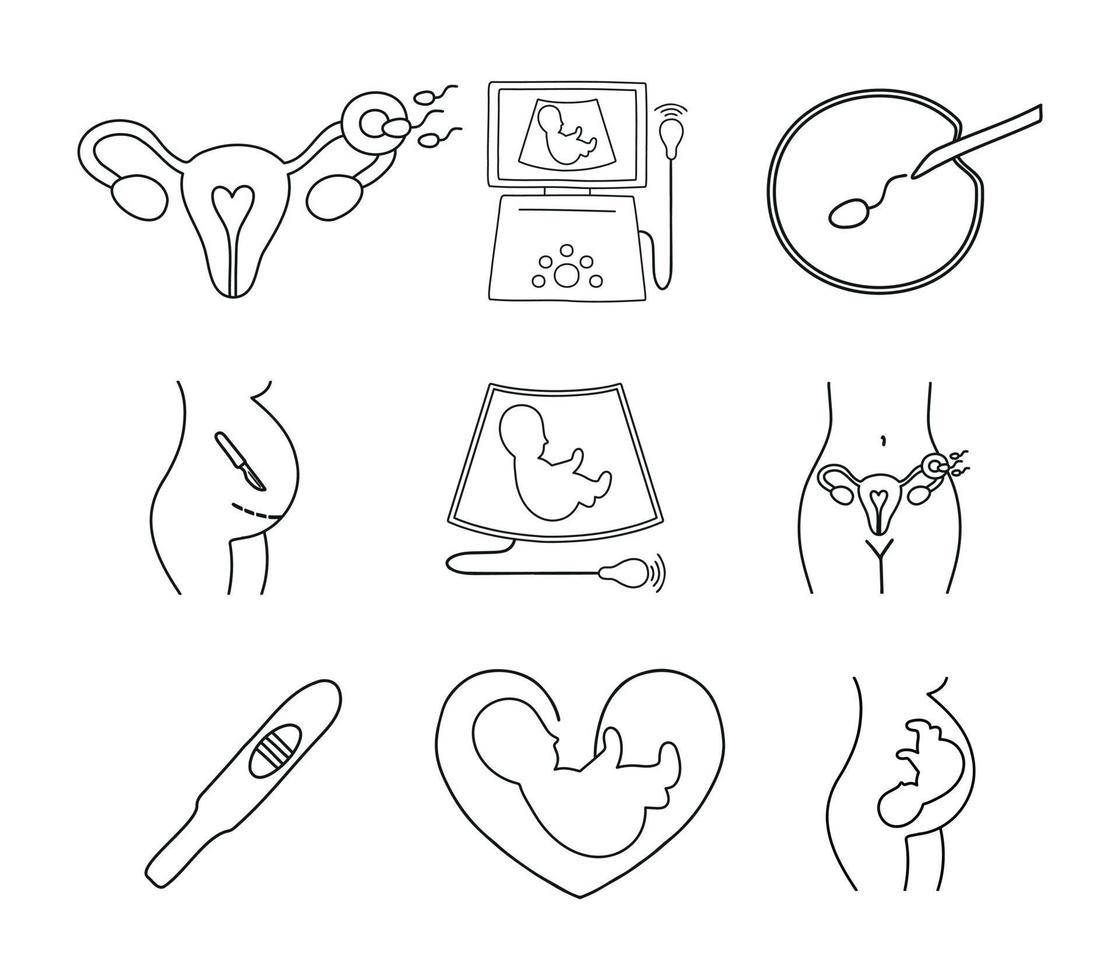 obstetrik ikoner set. ultraljud, konstgjord befruktning, graviditet, foster, kejsarsnitt, intrauterin insemination, graviditetstest, embryo i kvinnans mage, embryo på ultraljud. vektor