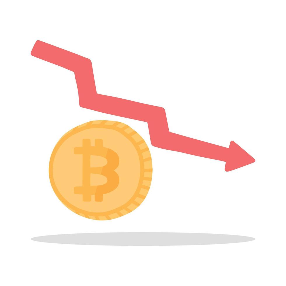 vektor, bitcoinpriset faller vilket orsakar investerare enorma förluster, bitcoinpriskollaps, kryptokrasch, kryptovaluta faller. vektor