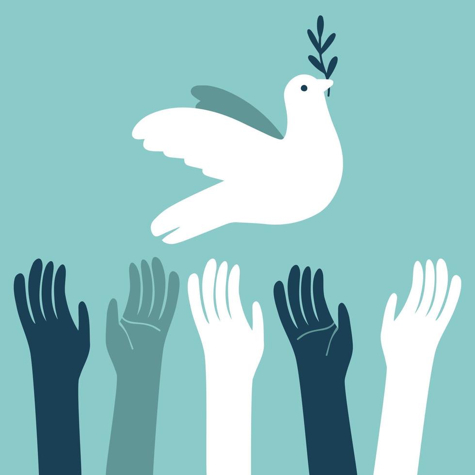 Taube des Friedens Vogel Hand Cartoon-Stil. Internationaler Tag des Friedens, der traditionell jährlich begangen wird. Frieden im Weltkonzept, Gewaltlosigkeitsvektor. vektor