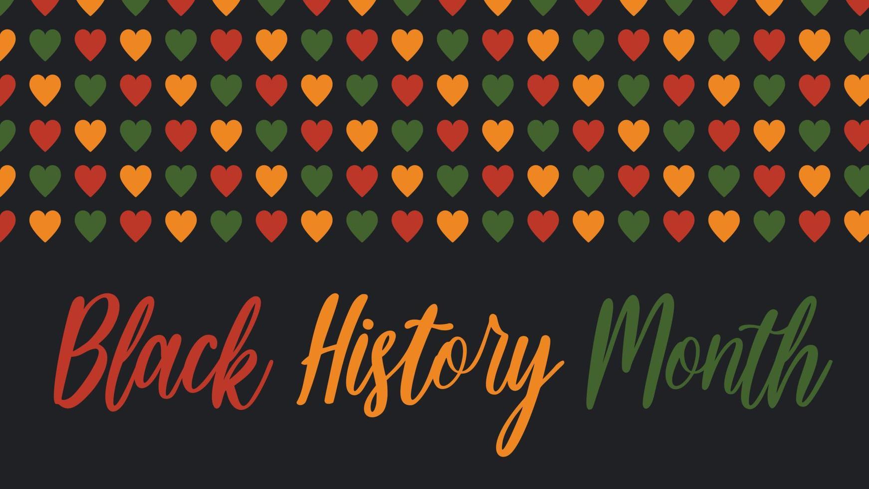 vektor banner svart historia månad - firande i usa, afrikansk amerikansk månad logotyp. mönster med hjärtan i afrikanska färger - röd, grön, gul på svart bakgrund