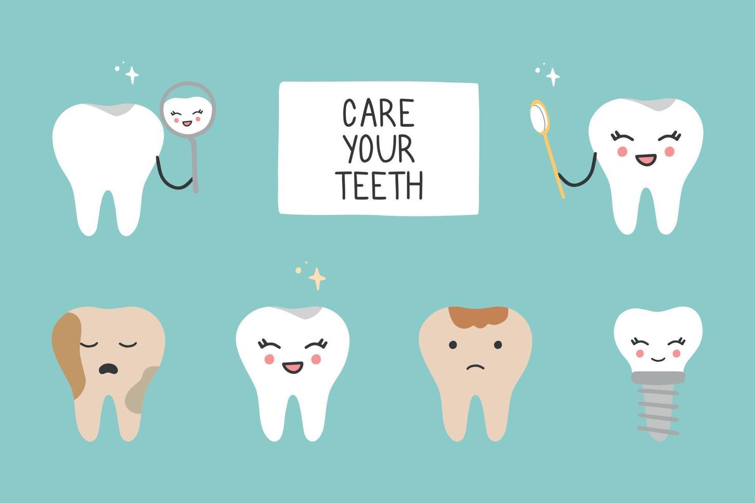 ta hand om dina tänder. en uppsättning glada tänder. söta tandkaraktärer. vektor illustration av en dental karaktär. dental koncept för din design. illustration för pediatrisk tandvård. munhygien.
