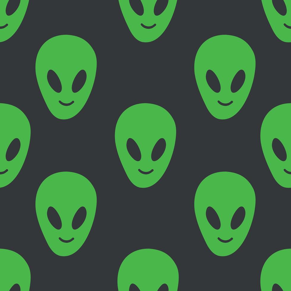 nahtloser hintergrund für kinder mit außerirdischen ufo-gesichtern. Sci-Fi-Muster auf dunklem Hintergrund. handgezeichneter Doodle-Stil. Alien-Muster, ein Kindermuster im Stil eines handgezeichneten Doodles. vektor