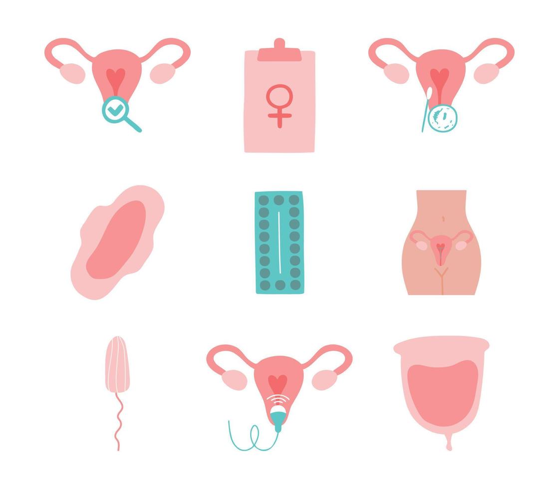 Gynäkologie-Symbole gesetzt. Ultraschall, Vorsorgeuntersuchung, künstliche Befruchtung, gynäkologische Operation, Antibabypille, Menstruationstasse, Tampon, Binde, Intrauterinpessar. vektor