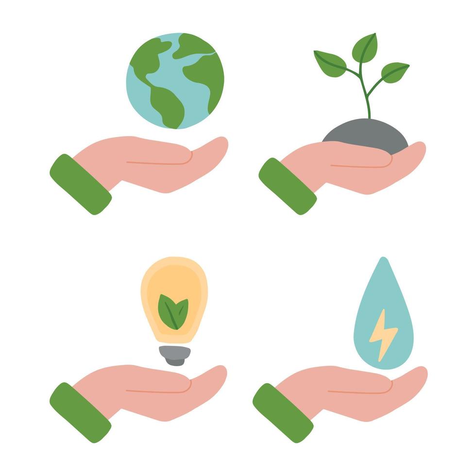 Ökologie. Öko-Icon-Set mit Handpflege vektor