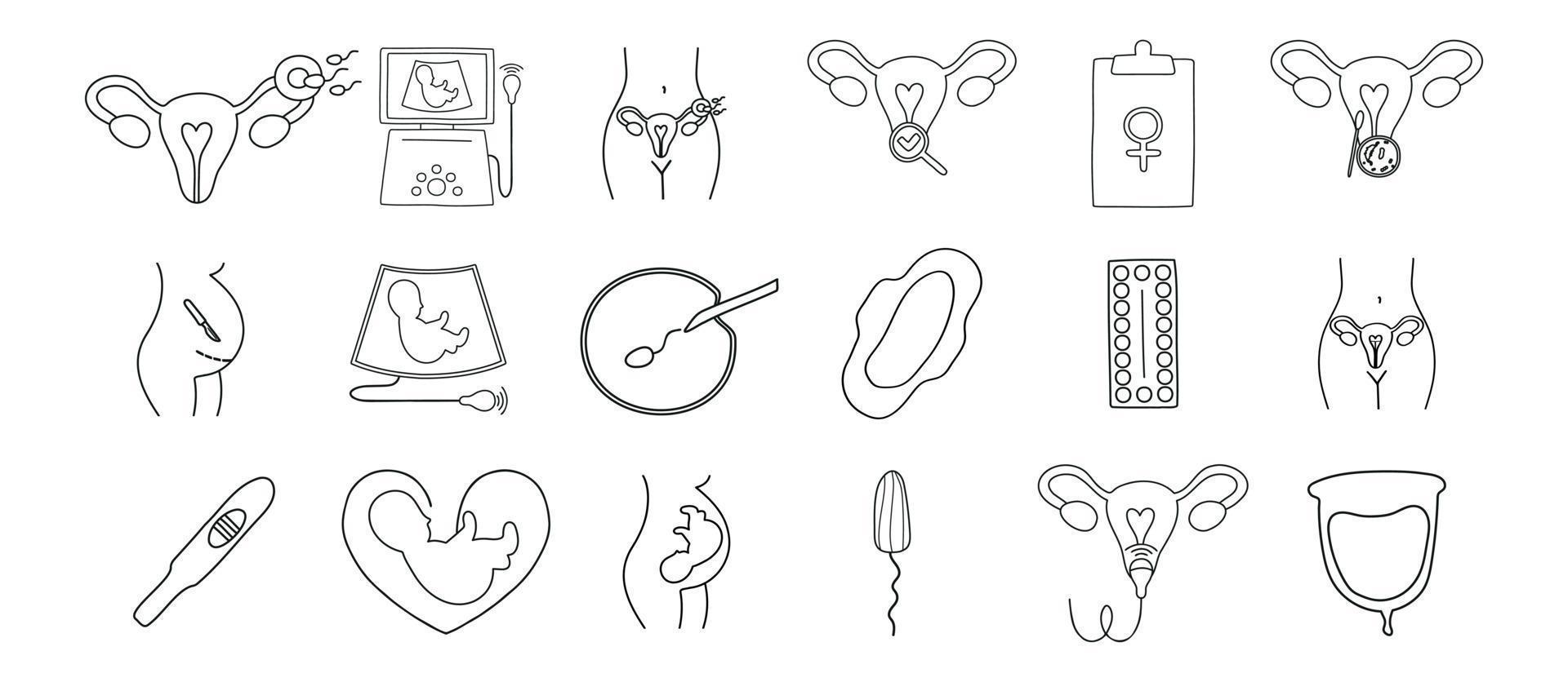 gynekologi och obstetrik ikoner set. ultraljud, kontroll, konstgjord befruktning, gynekologisk kirurgi, p-piller, mens. ultraljud, konstgjord befruktning, graviditet, foster. vektor