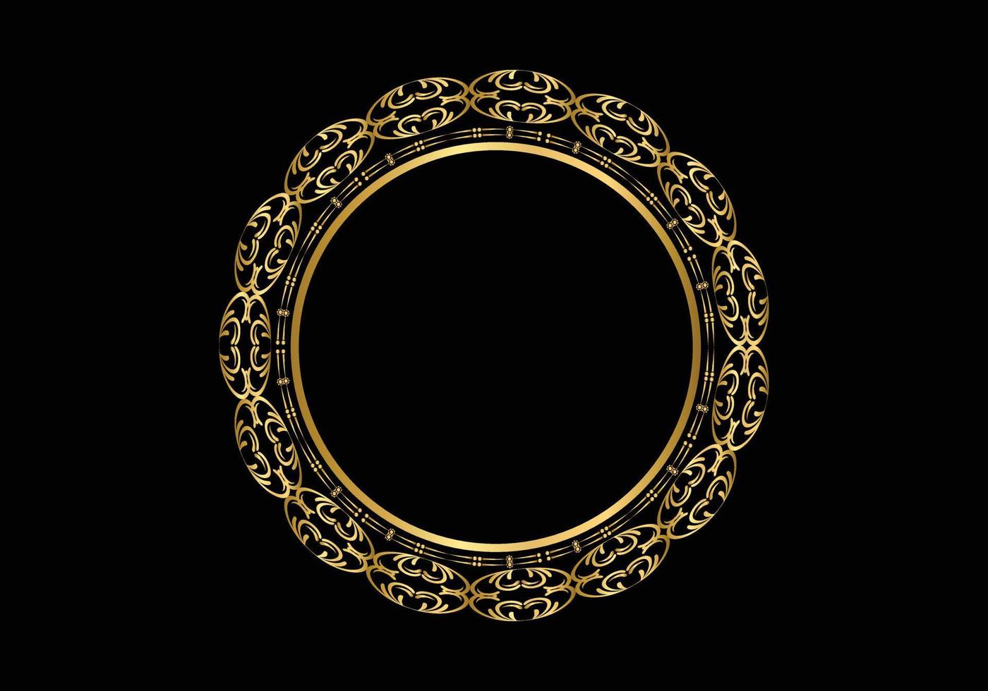 goldener dekorativer runder rahmen für design mit blumenverzierung. eine Vorlage zum Drucken von Postkarten, Einladungen, Büchern. Gold auf schwarzem Hintergrund. vektor