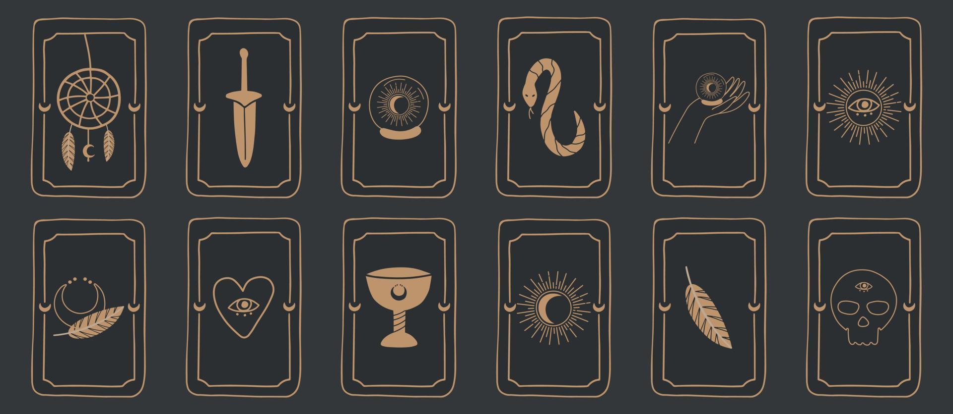 en uppsättning magiska tarotkort. symboler för den andliga månen och det himmelska ögat. vektor illustration. design av astrologi eller helig geometri. magiskt ockult mönster, esoterisk boho-stil.