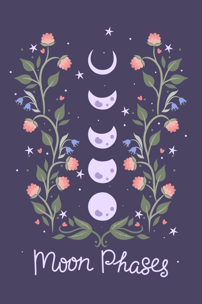 Mondphasen und Blumen auf violettem Hintergrund. Vektorgrafiken. vektor