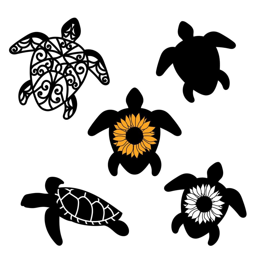 Meeresschildkröte, eine Reihe von Vektorgrafiken. Schattenbild, Mandala. Schildkröte mit Sonnenblume. vektor