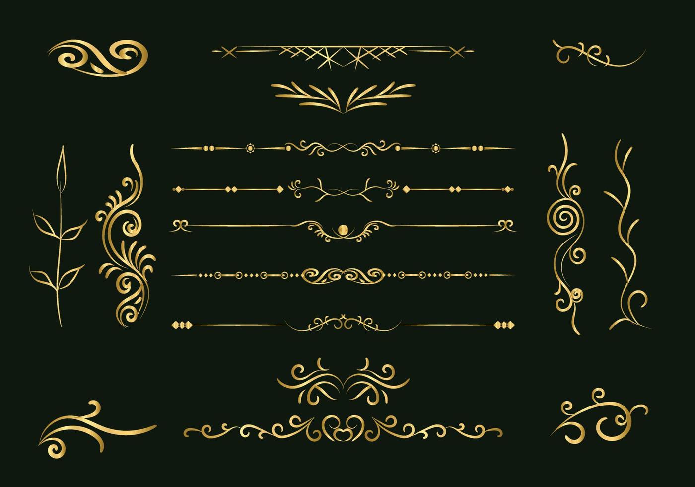 Goldene Teiler gesetzt. dekorative dekorative Elemente. Vektorverziertes Elementdesign. Gold blüht. dekorativer kalligraphischer trenner und rand für vignetten-einklebebuch-ornament. vektor