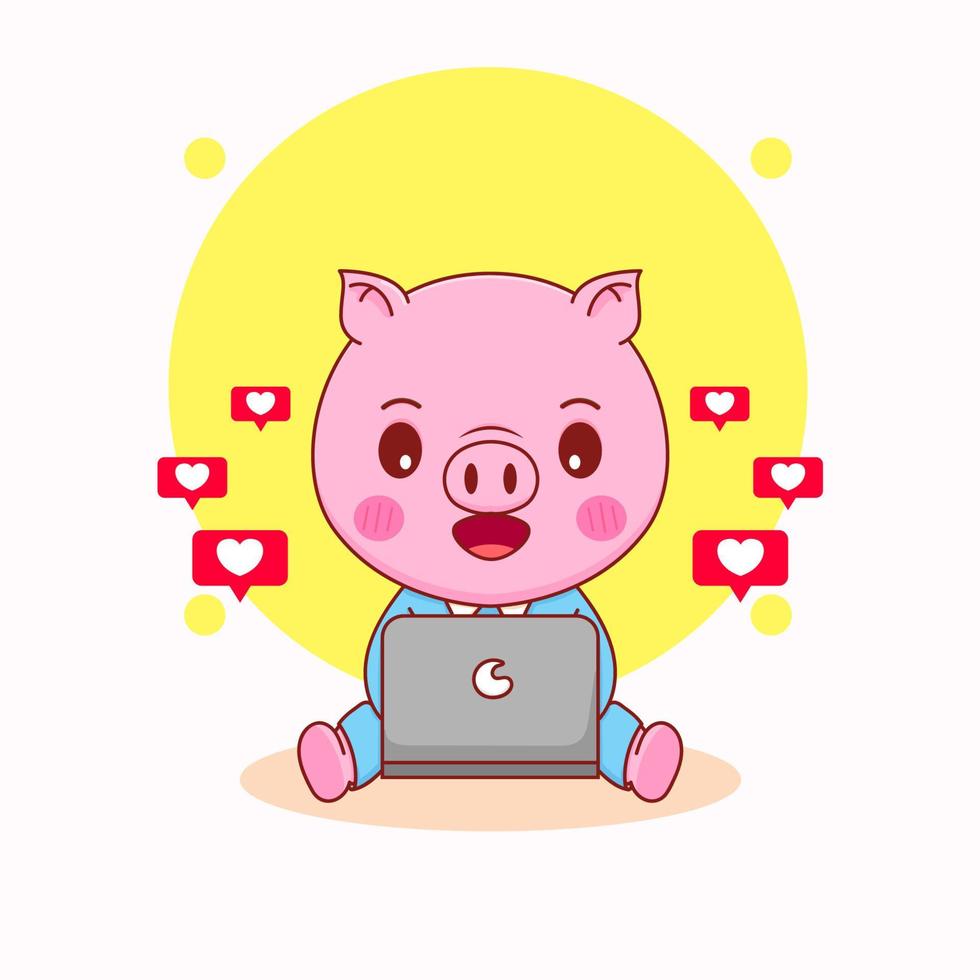 süßes schwein, das an laptop-charakter-karikaturillustration arbeitet vektor