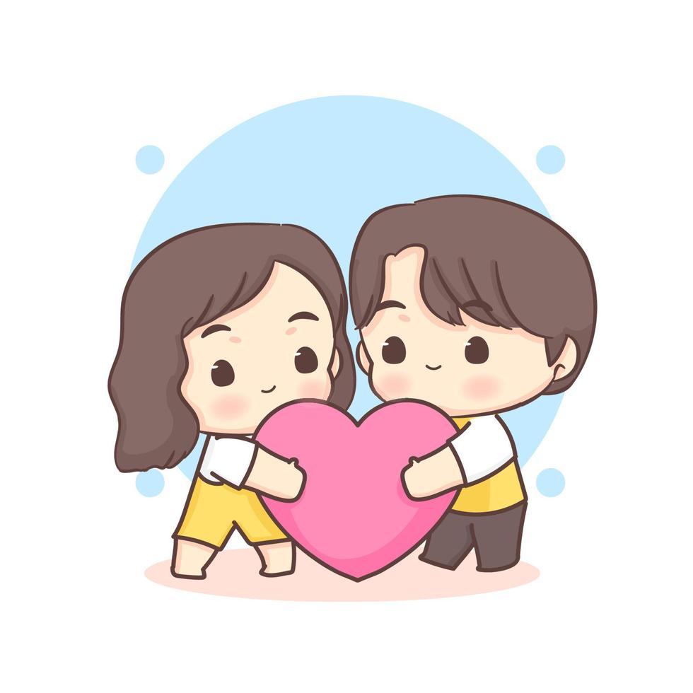 söta älskare par håller stort kärlekshjärta. glad valentine chibi seriefigur. vektor