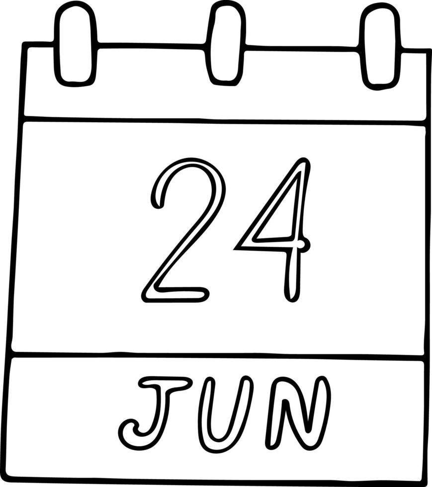 kalender hand dras i doodle stil. 24 juni dag, datum. ikon, klistermärke element för design. planering, affärssemester vektor