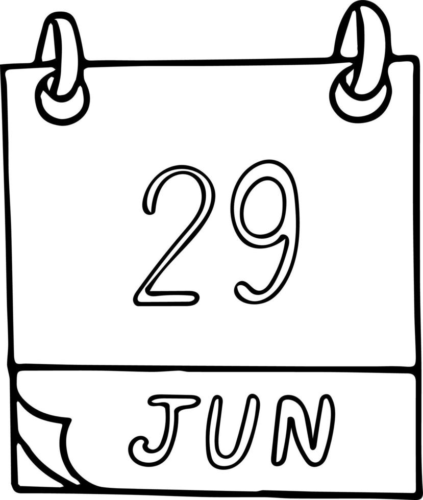 kalender hand dras i doodle stil. 29 juni dag, datum. ikon, klistermärke element för design. planering, affärssemester vektor
