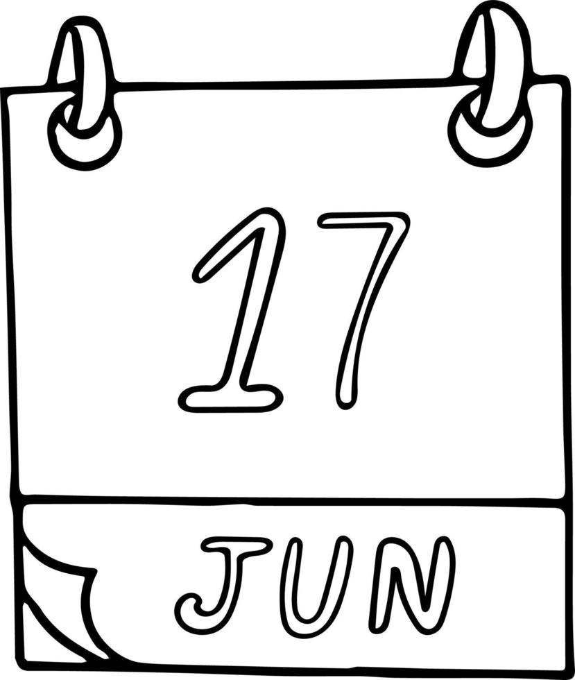 kalender hand dras i doodle stil. 17 juni världsdagen för att bekämpa ökenspridning och torka, datum. ikon, klistermärke element för design. planering, affärssemester vektor