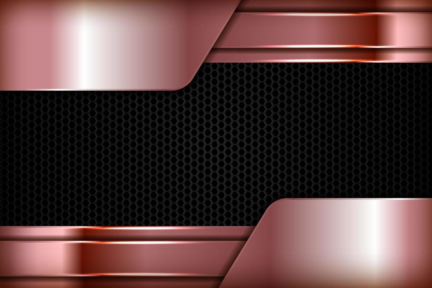 rosa guld 3d abstrakt överlappande dimension på svart hexagon textur bakgrund. realistisk överlappande lager textur med ljus element dekoration. vektor