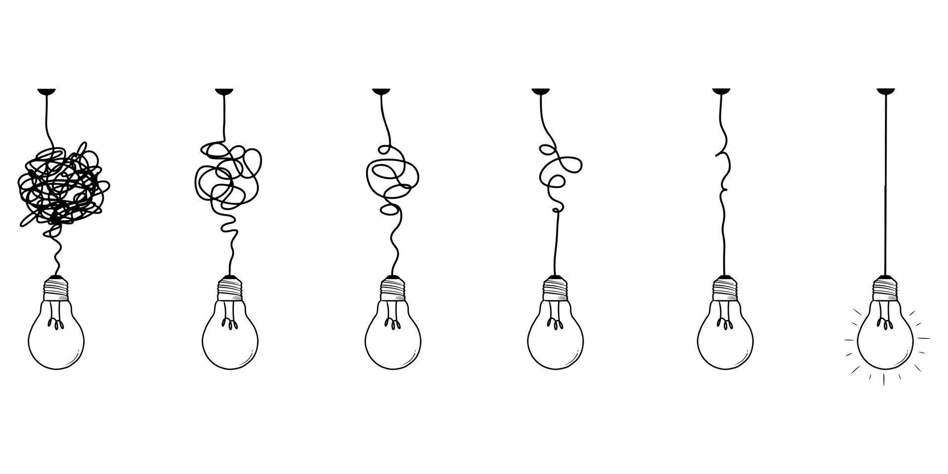 förvirring klarhet eller väg vektor idé koncept. förenkla komplexet. idé koncept med glödlampor. doodle vektorillustration.