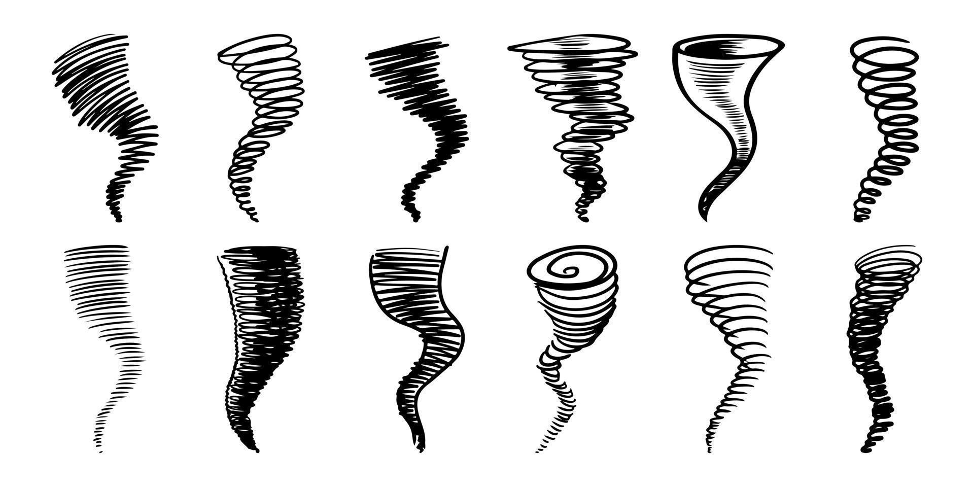 uppsättning doodle tornado isolerad på vit bakgrund. orkan. handritad designelement set. vektor illustration.