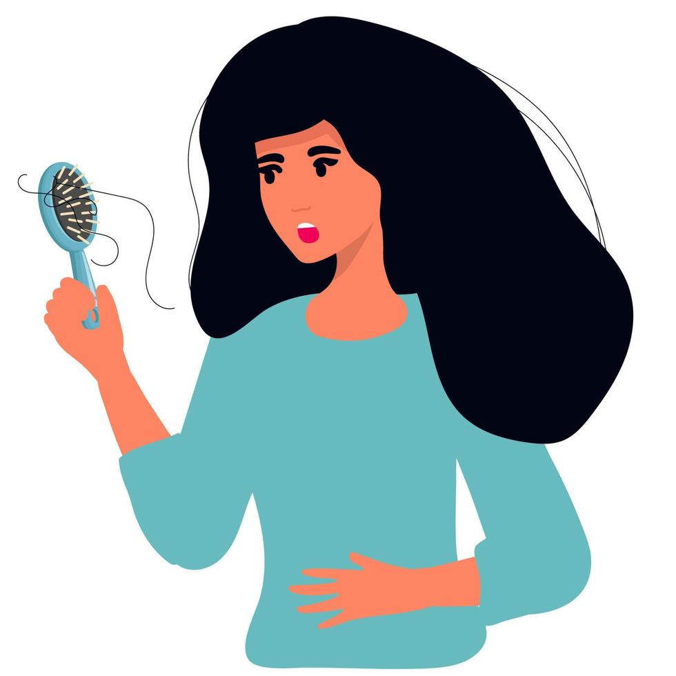 kvinnlig kvinna med en kam i handen. håravfall, håravfall i unga år, hårproblem, håravfall. platt vektorillustration vektor