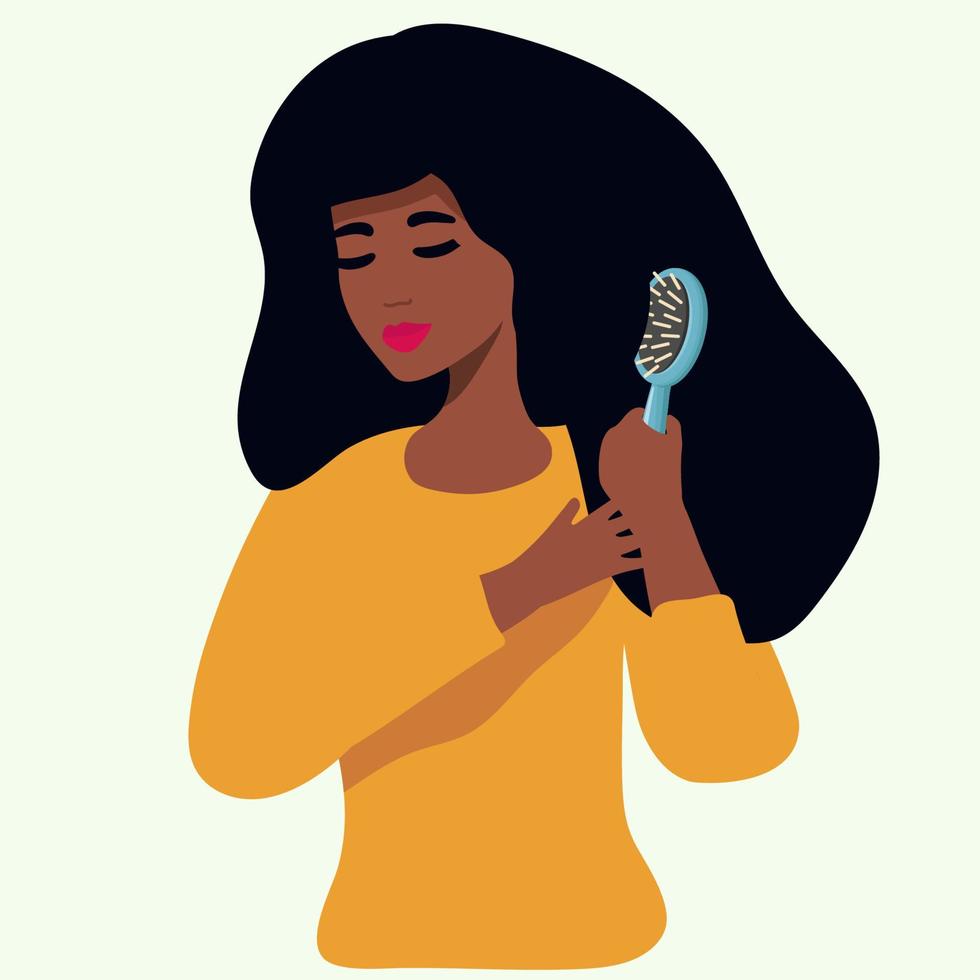 afrikansk amerikansk flicka som kammar sitt långa hår. platt koncept av skönhet, hårvård, hårhälsa. kvinna frisyr av kam. isolerade vektor tecknad illustration