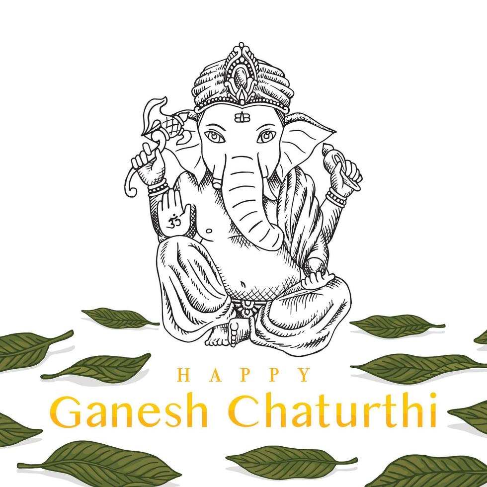 feiern ganesh chaturthi elefantenanbetung mit mangoblatt retro alte linie kunstradierung vektor