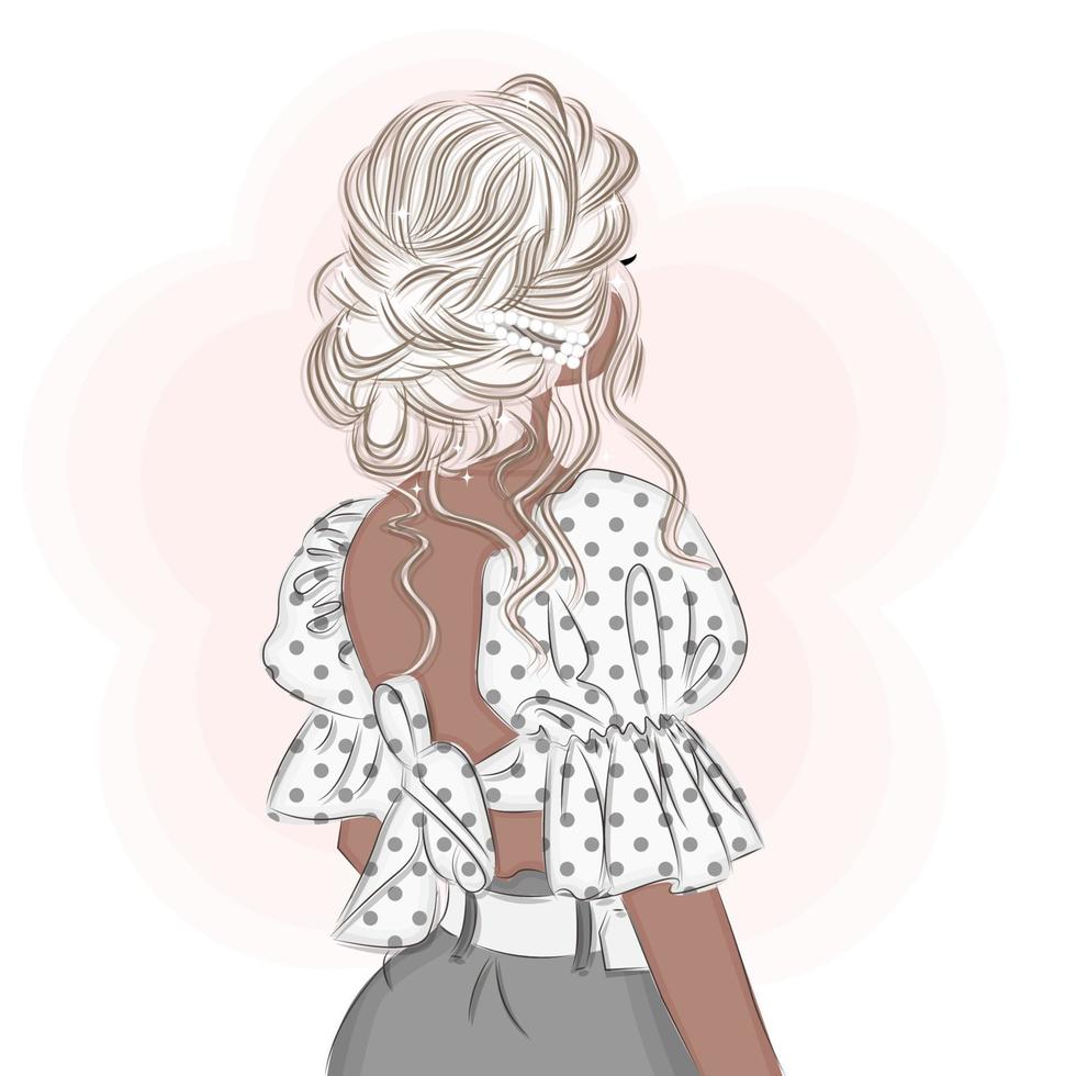 modische blondine in einer bluse mit offenem rücken, mit haarnadeln, mit einer stilvollen frisur, druckmode-vektorillustration vektor