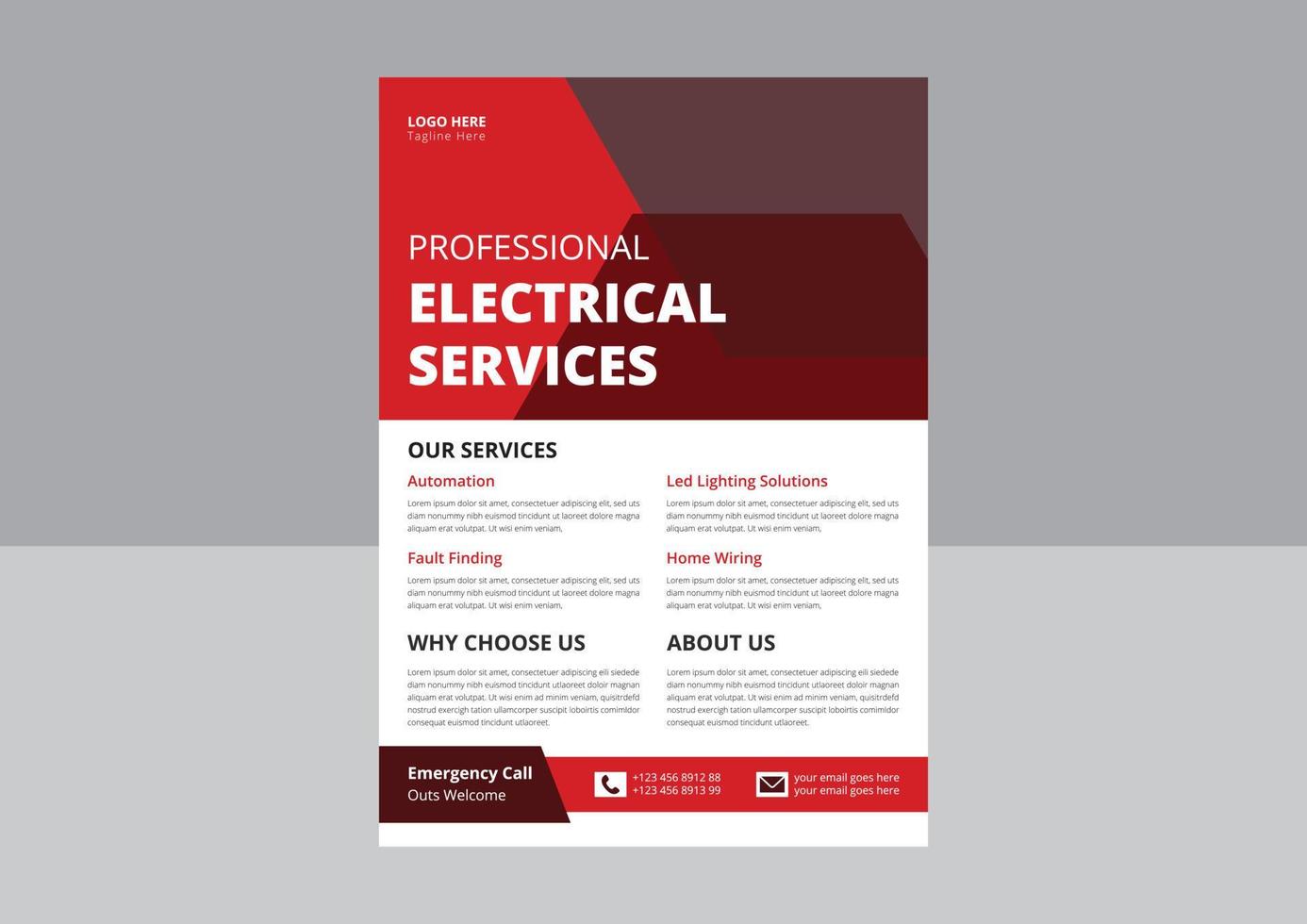 Professionelles Elektroservice-Poster und Flyer. Flyer für Elektriker und Elektrounternehmen, Flyer für den Reparaturservice von Haushaltsgeräten. vektor