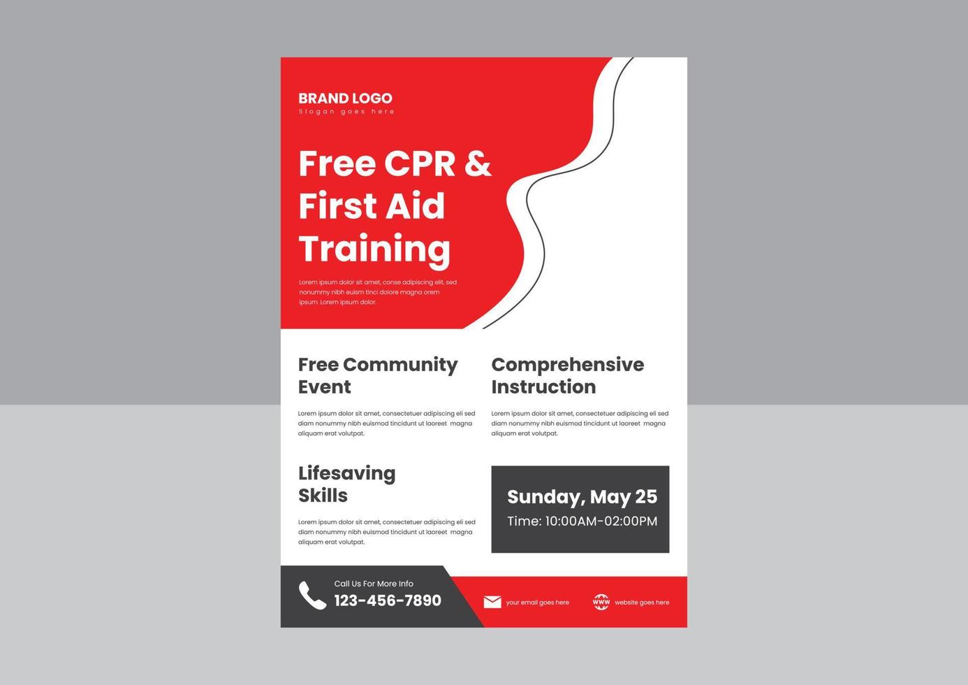 cpr och första hjälpen utbildning flyer affisch mall. HLR utbildningskurs flyer affisch design. design av flygblad för första hjälpen vuxen hjärt-lungräddning. vektor