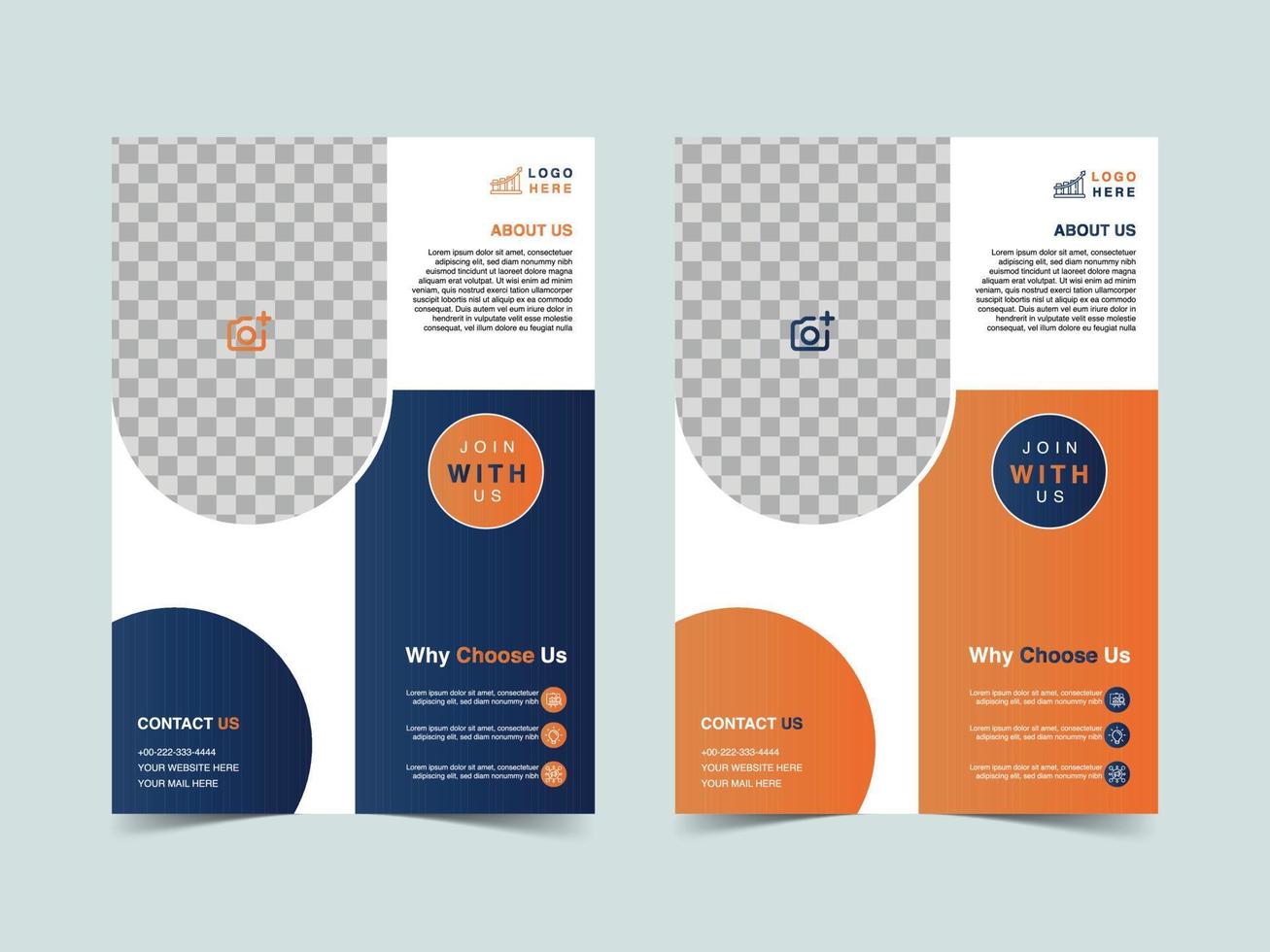 affärsreklambladsmall vektordesign, A4 broschyrmall blå och orange geometriformer som används för affärsaffischlayout, it-företagsreklamblad, företagsbanderoller och broschyrer vektor
