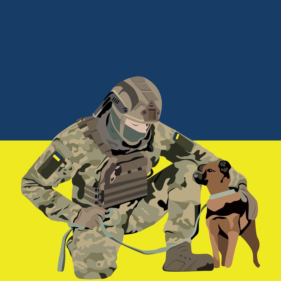 ukrainsk soldat med hund. ukrainska flaggan. ukrainska markstyrkorna. kaki textur, militär armé. tecknad vektorillustration. vektor