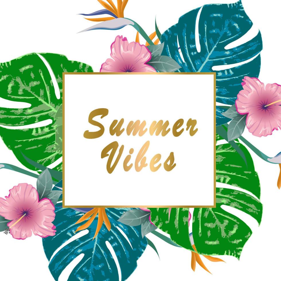 sommergefühl. sommergrünes tropisches flyerdesign mit tropischen blumen und monsterblättern. Rahmendesign. Platz kopieren vektor