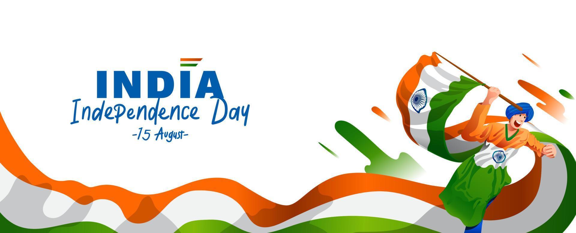 unabhängigkeitstag von indien feier am 15. august, junger mann, der mit indischer flagge läuft vektor