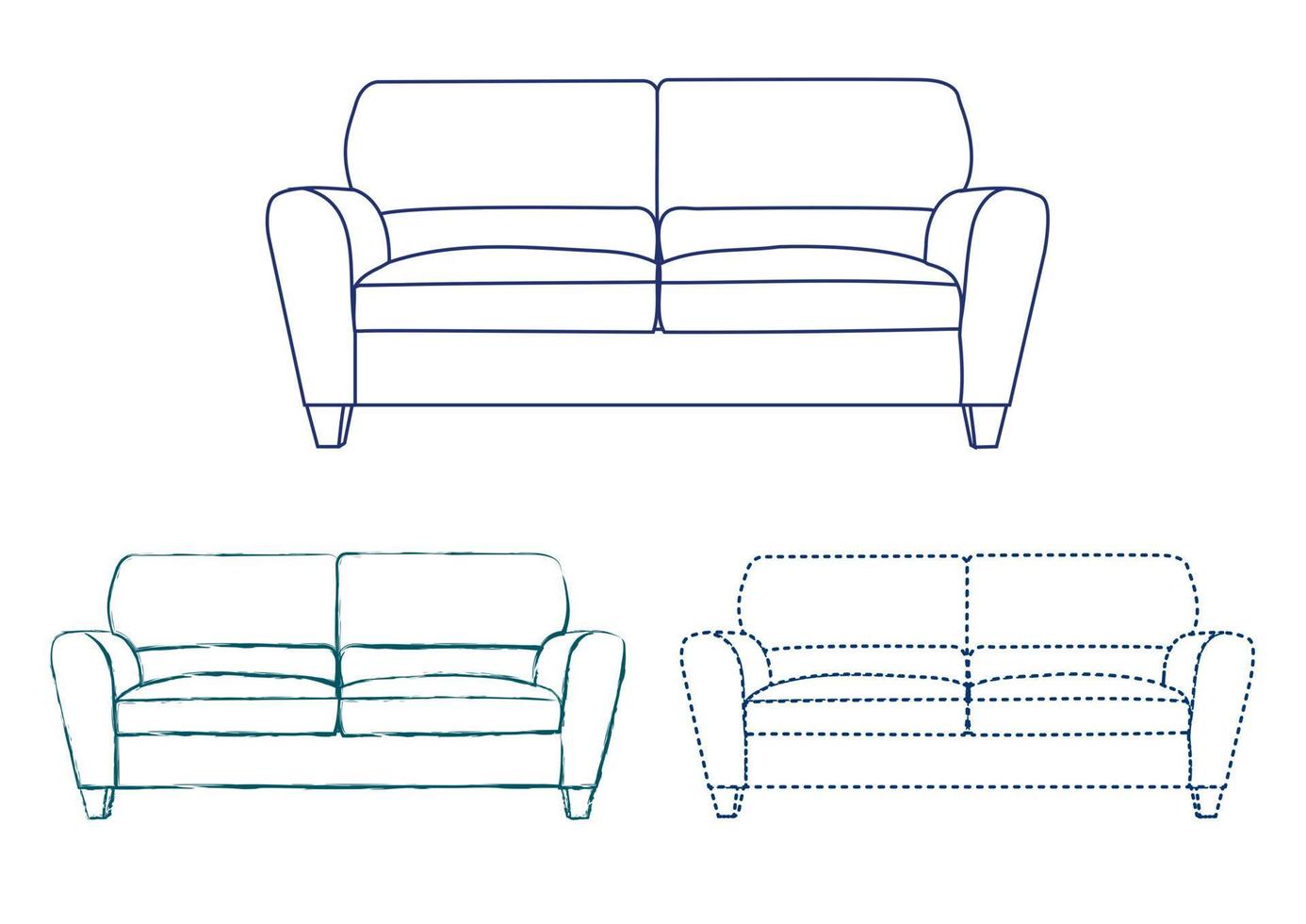 Zeichnungsskizze, Silhouette Umriss Sofa, Couch, Couch, Tagesbett, Chaiselongue, Ottomane. Linienstil und Pinselstriche vektor