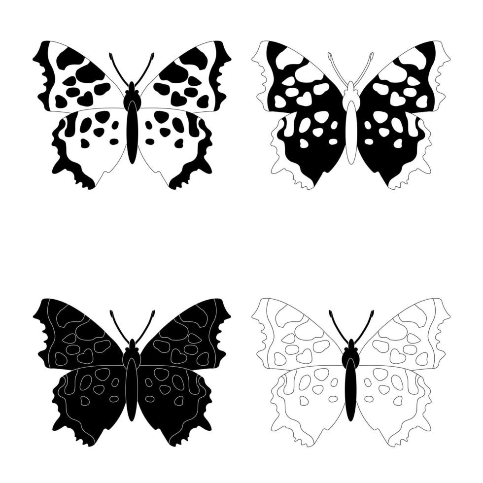 artuppsättning, svarta och vita fjärilsinsekter, platt stil. vektor