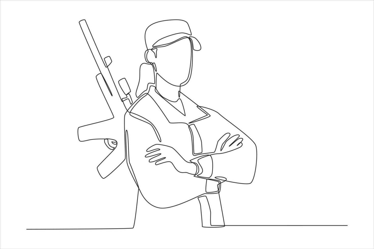 durchgehende einzeilige zeichnung einer frau in militärkleidung mit einer waffe. junges Mädchen im Anzug eines Armeesoldaten. modernes frauenkonzept. einzeiliges zeichnen design vektorgrafik illustration. vektor