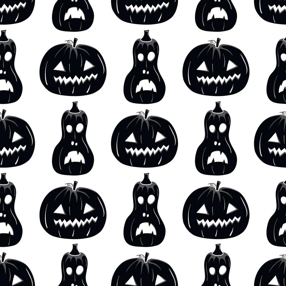 Nahtloses Muster mit schwarzer Silhouette eines Kürbisgesichtes für Halloween auf weißem Hintergrund vektor