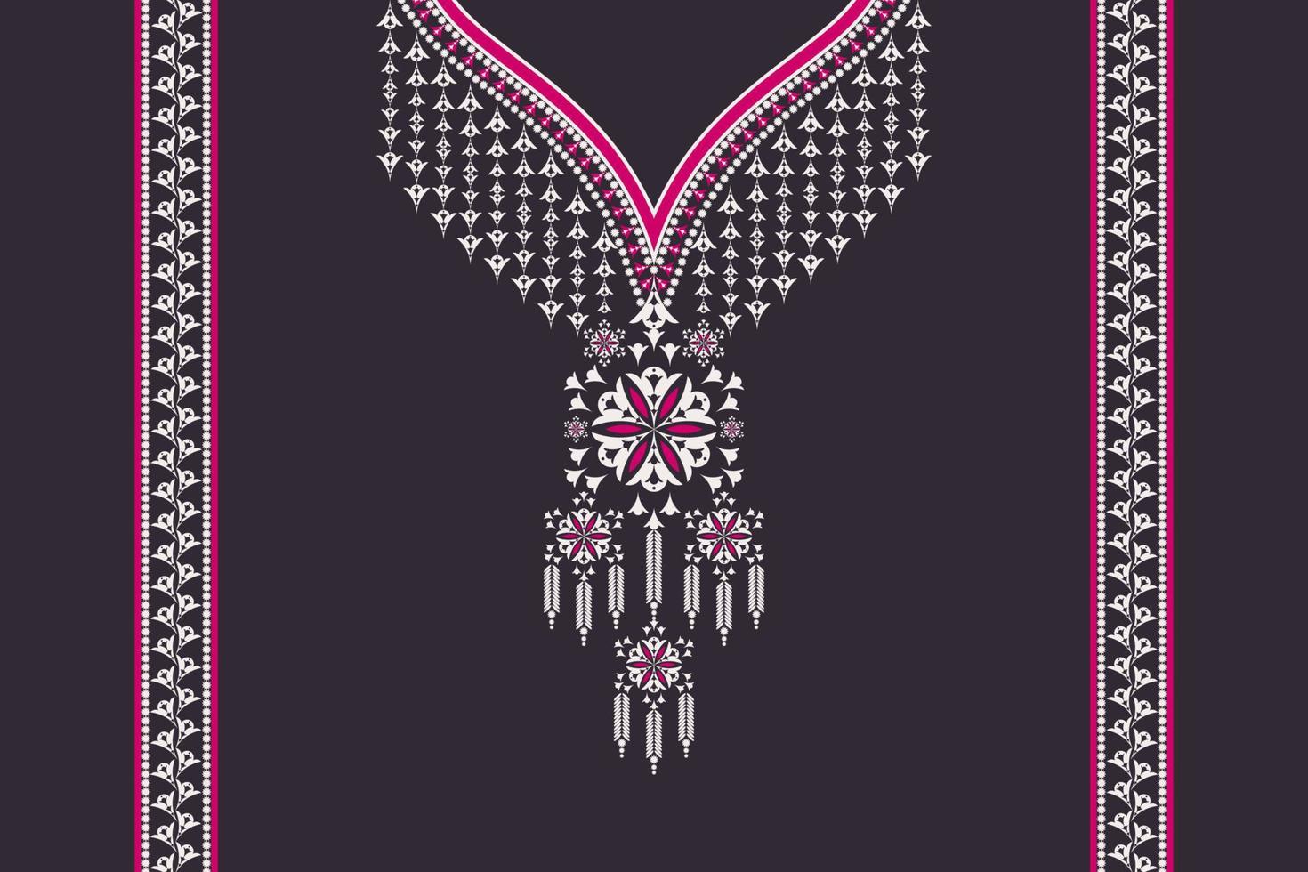 ethnische Ausschnittstickerei geometrische Blumenform rosa Farbdesign mit Rand auf schwarzem Hintergrund. feminine tribal art mode für hemden. vektor