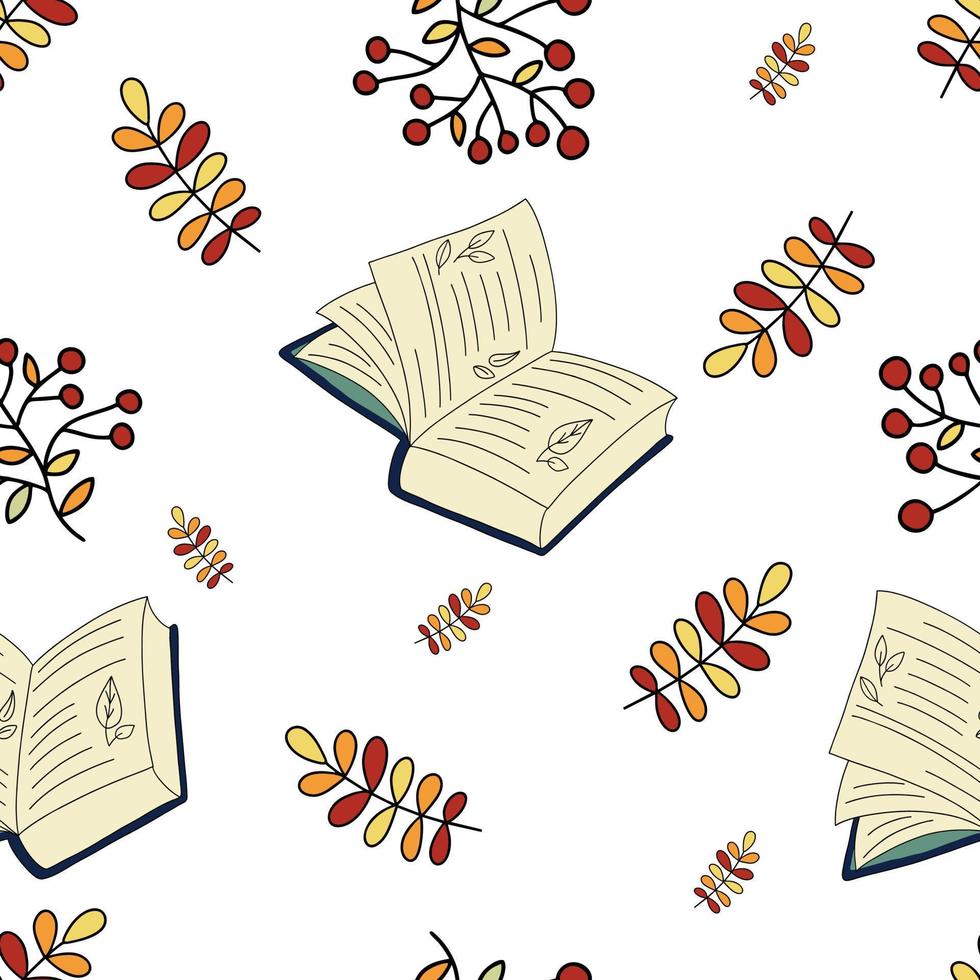 Nahtloses endloses Muster des Herbstvektors. Blätter und Bücher auf weißem Hintergrund. vektor