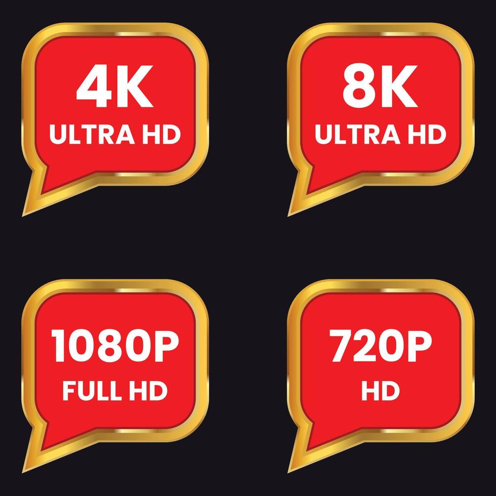 gyllene färg 8k ultra hd, 4k ultra hd, 1080p full hd, 720p hd-upplösningsikon vektor