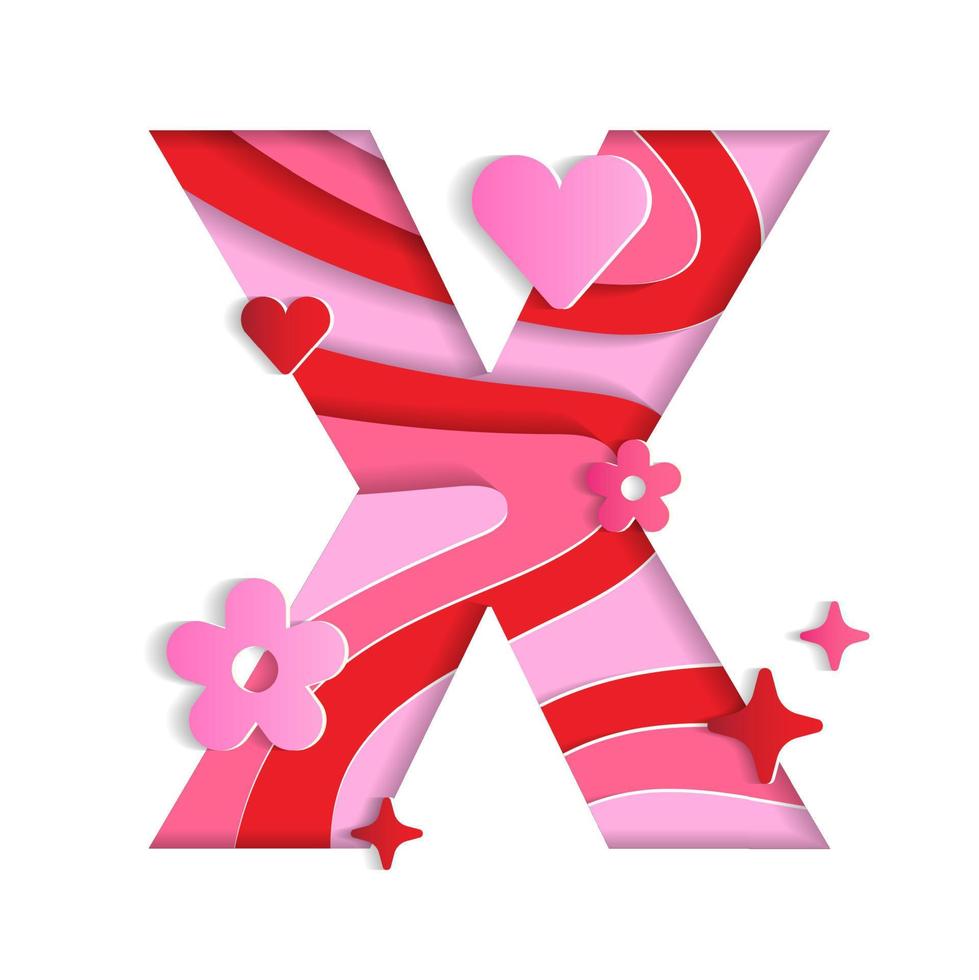x alphabet valentinstag liebe abstrakt schriftart briefpapier lebhaft blume herz funkeln leuchten rot rosa berg erdkunde konturkarte 3d schicht papierausschnitt karte web banner vektorillustration vektor