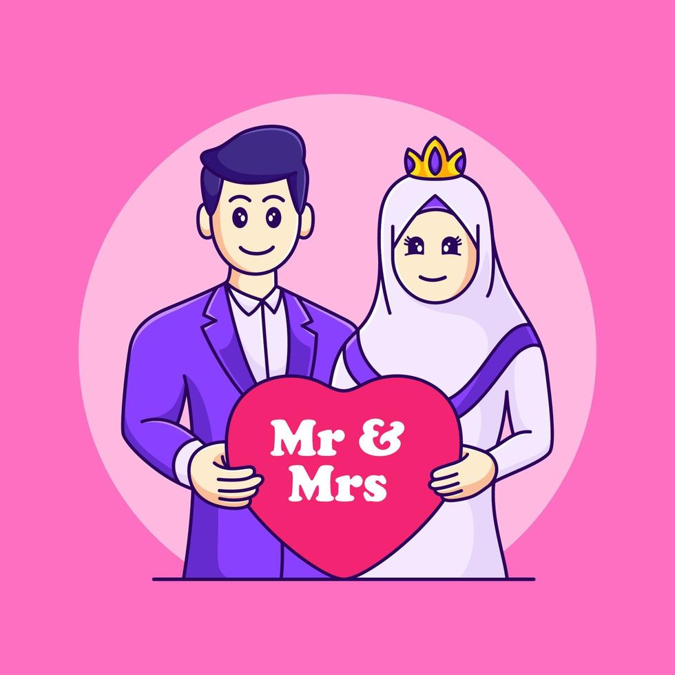Verheirateter Mann und Frau, die Liebesvektorillustration bringen. islamische hochzeit der netten karikatur vektor
