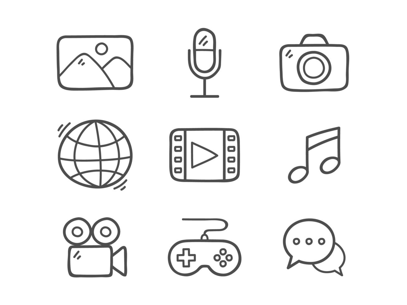 Doodle Multimedia Icons eingestellt vektor