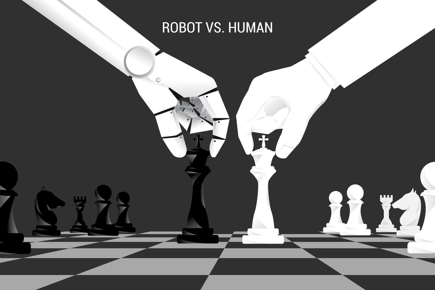 Roboter und menschliche Hand bewegen Schachfiguren an Bord vektor