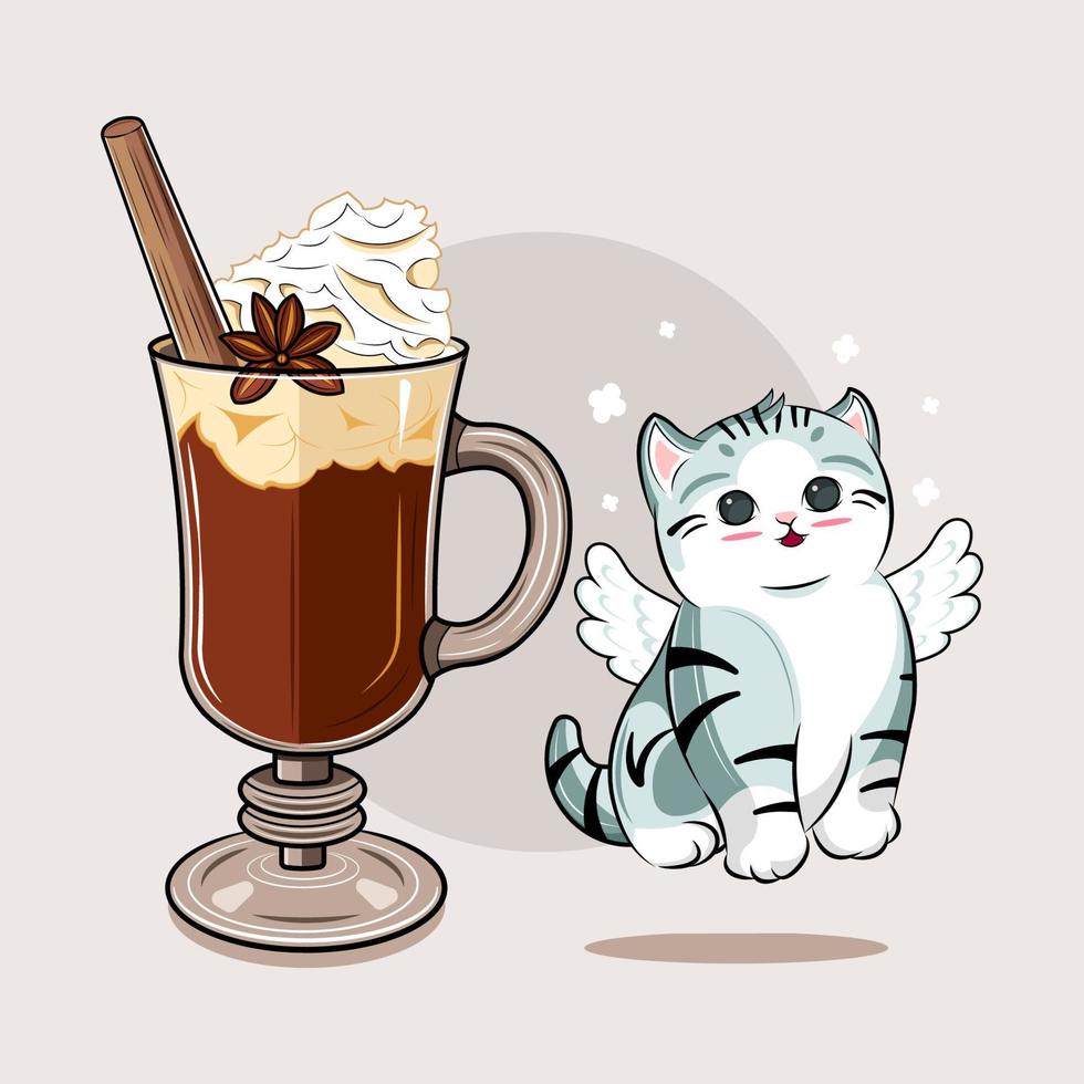 süße Katzenfliege mit Eiskaffee-Vektorillustration kostenloser Download vektor